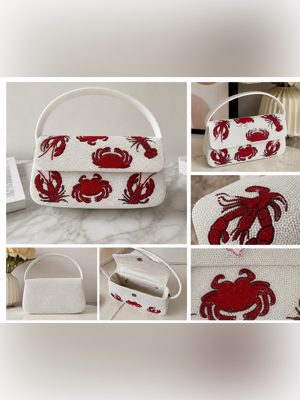 Anthropologie Cream Straw Shoulder Bag with Red Crab Embroidery - Picture 2 of 3